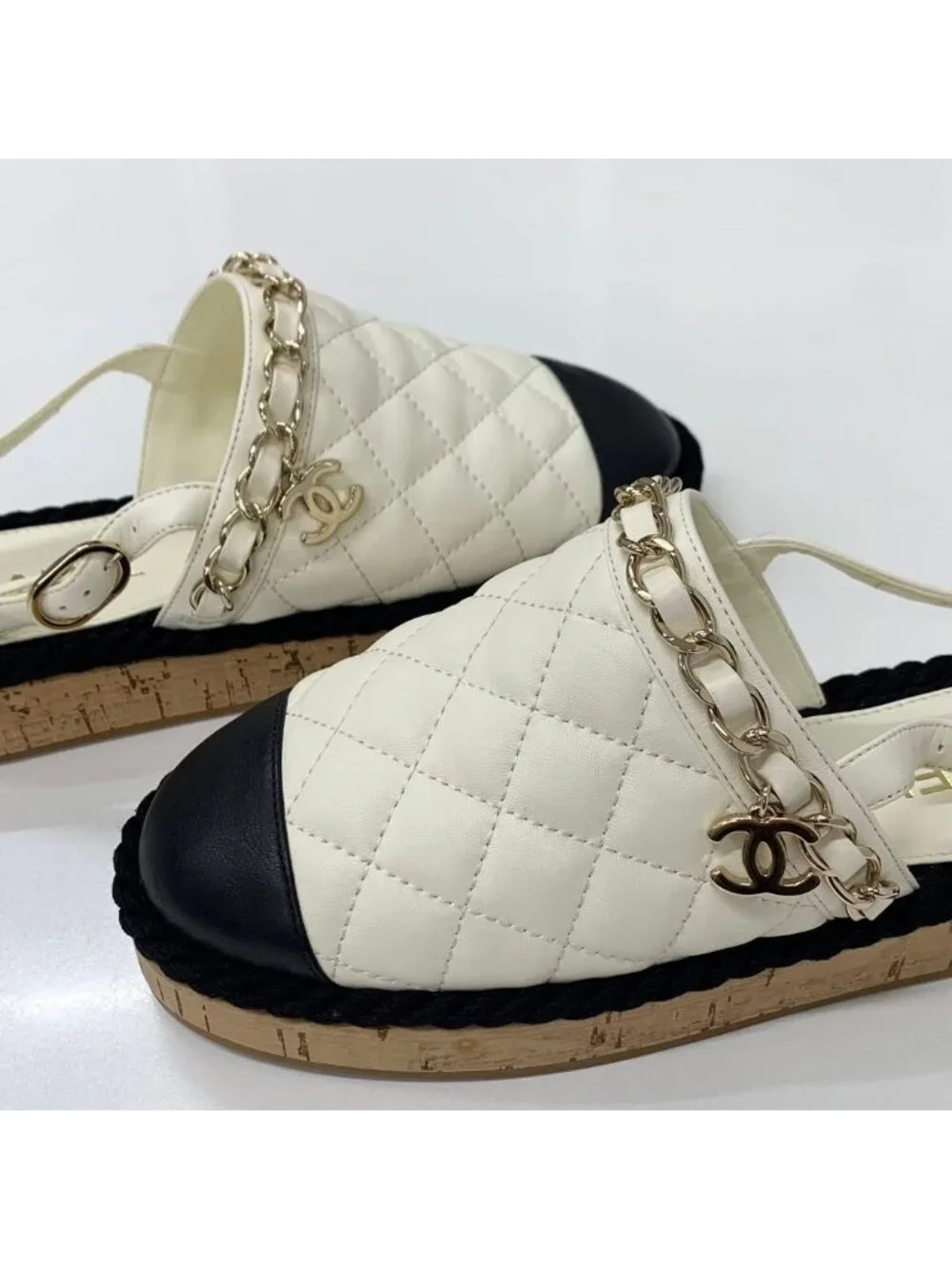 Chanel CC Logo Quilted Chain Leather Cork Sandals